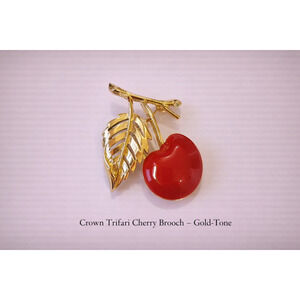 Vintage Crown Trifari Cherry Brooch  with Gold Tone and Enamel